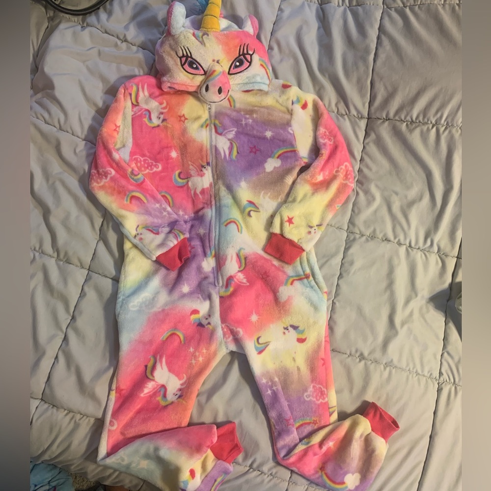 EUC Unicorn Rainbow Zip Up Hood Onesie Tie Dye Pink M 7/8 8 Fleece Fur Tail PJs